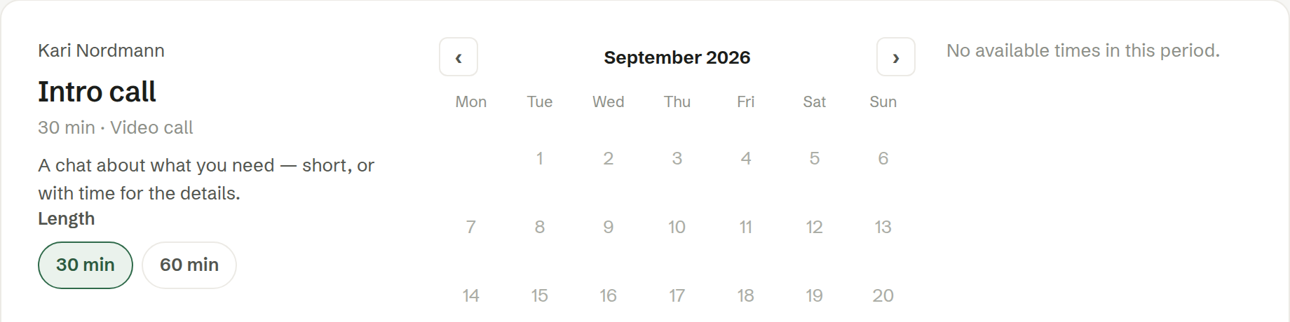 The booking page lets the visitor pick 30 or 60 minutes on the same link.