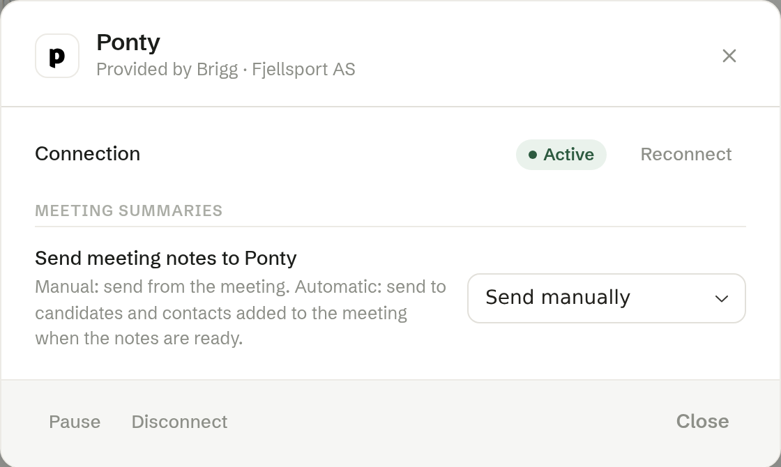 The Ponty connection in Brigg: active, with meeting notes sent manually or automatically.