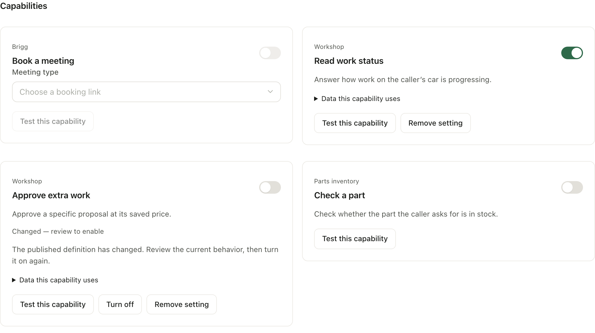 Choose the capabilities your workshop offers to callers, and review changes before enabling them.
