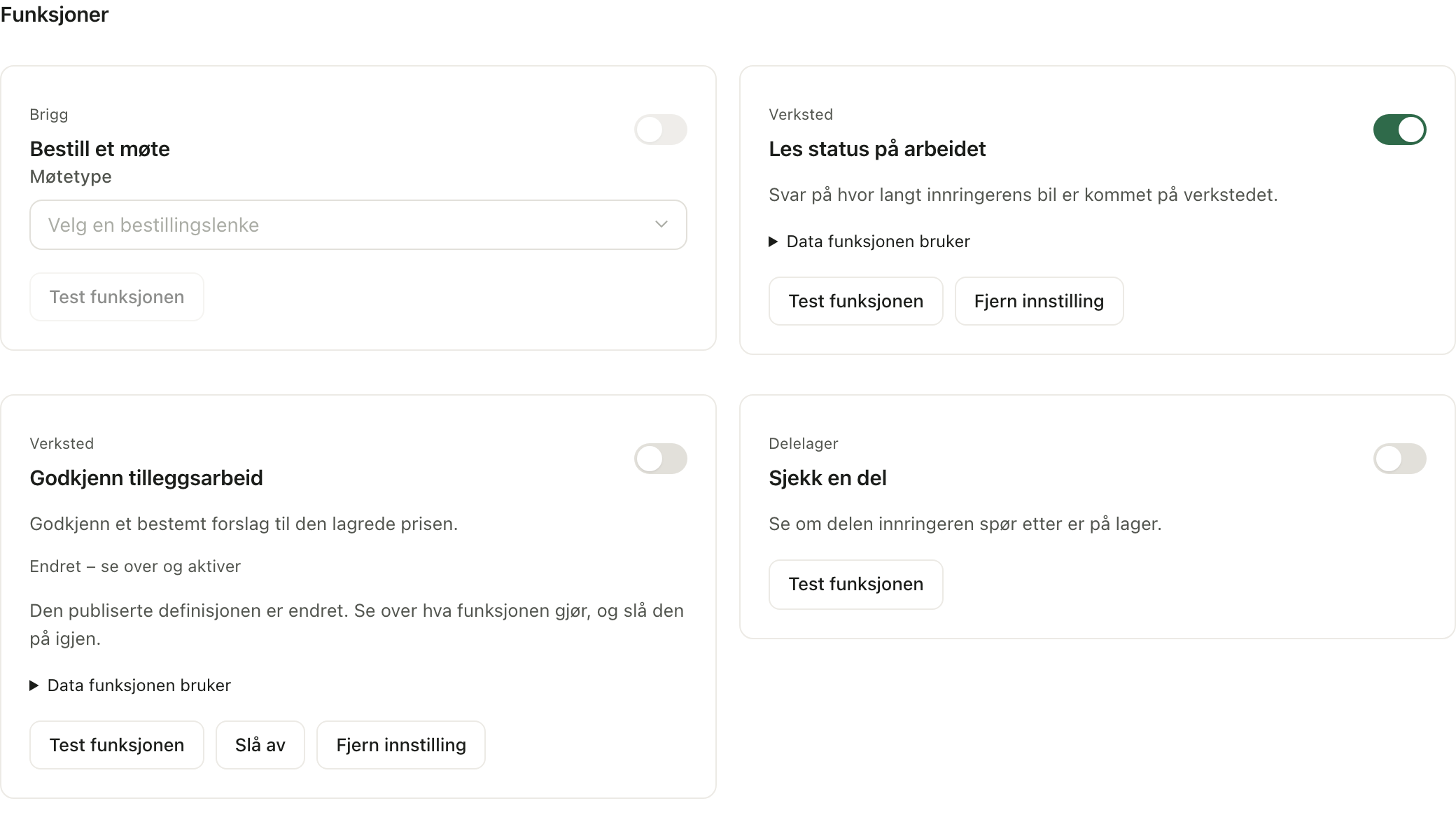 Velg hvilke funksjoner verkstedet tilbyr på telefonen, og se over endringer før du aktiverer dem.