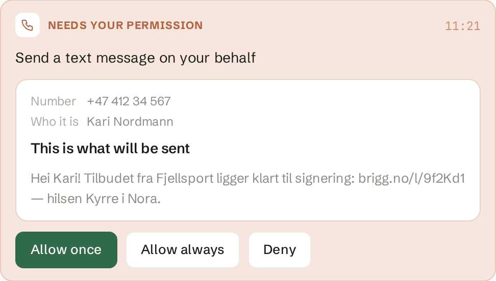 The card in the chat shows the number, who it is and the whole message before anything is sent.