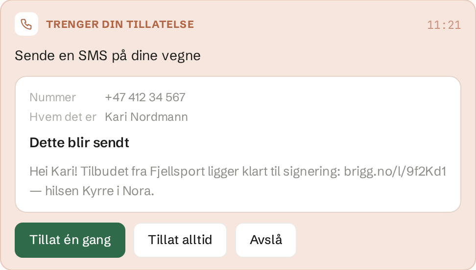 Kortet i chatten viser nummeret, hvem det er og hele meldingen før noe sendes.